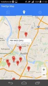 The map view shows where free car2go are located.